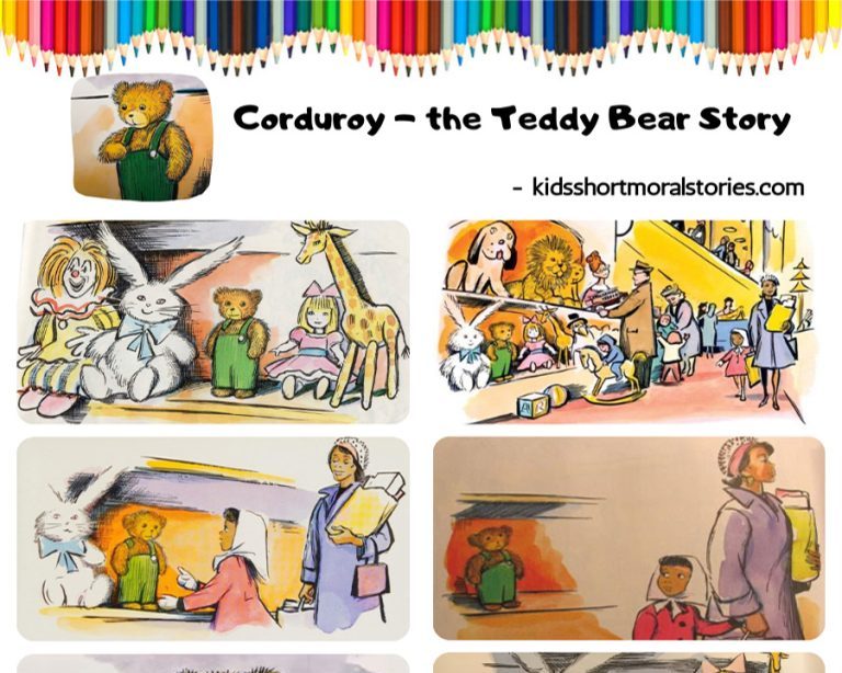 A teddy bear named Corduroy sits on a shelf in a department store. He is missing a button on his overalls