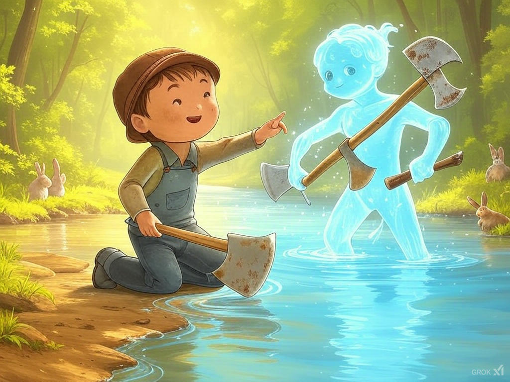 Whimsical illustration of a humble woodcutter pointing at his rusty iron axe by a river, as a glowing water spirit offers golden, silver, and iron axes in a magical forest